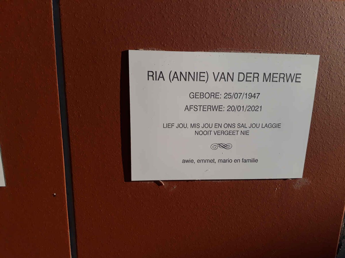 MERWE Ria, van der 1947-2021