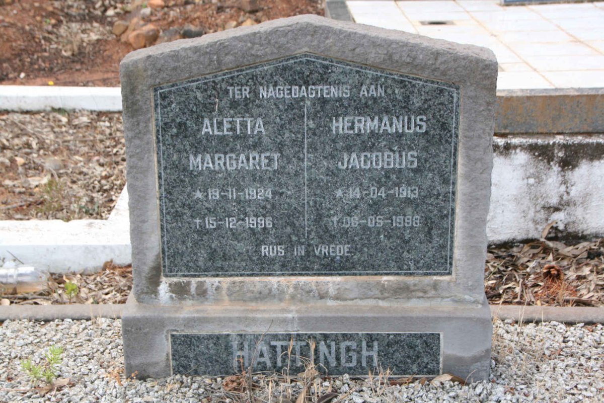 HATTINGH Hermanus Jacobus 1913-1988 & Aletta Margaret 1924-1996