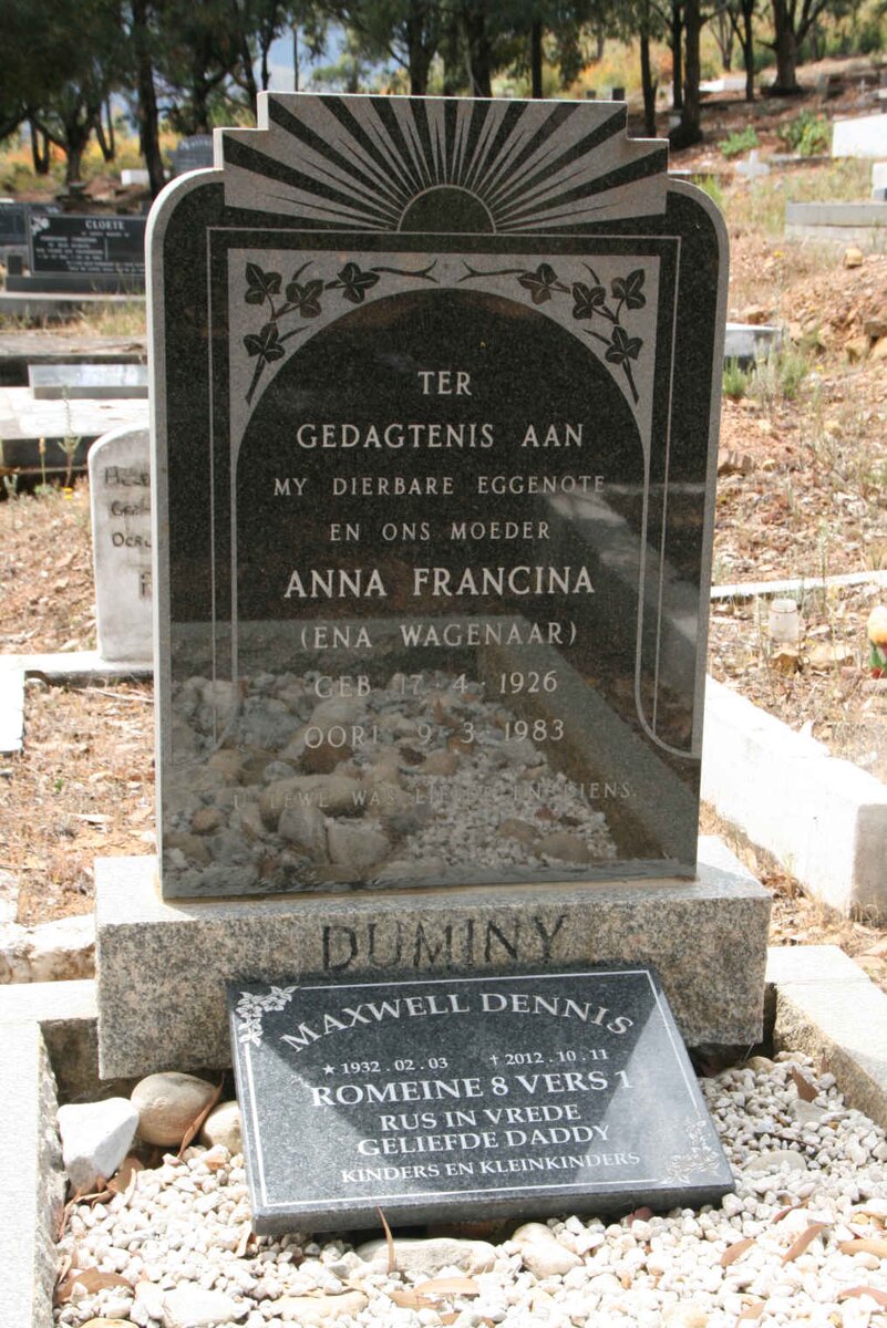 DUMINY Maxwell Dennis 1932-2012 & Anna Francina WAGENAAR 1926-1983