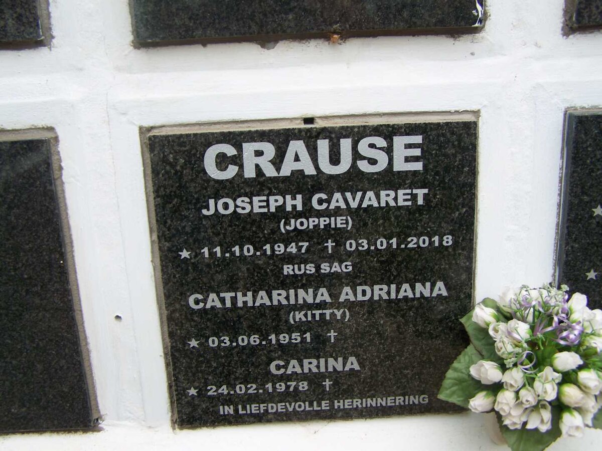 CRAUSE Joseph Cavaret 1947-2018 &amp; Catharina Adriana  1951- :: CRAUSE Carina 1978-