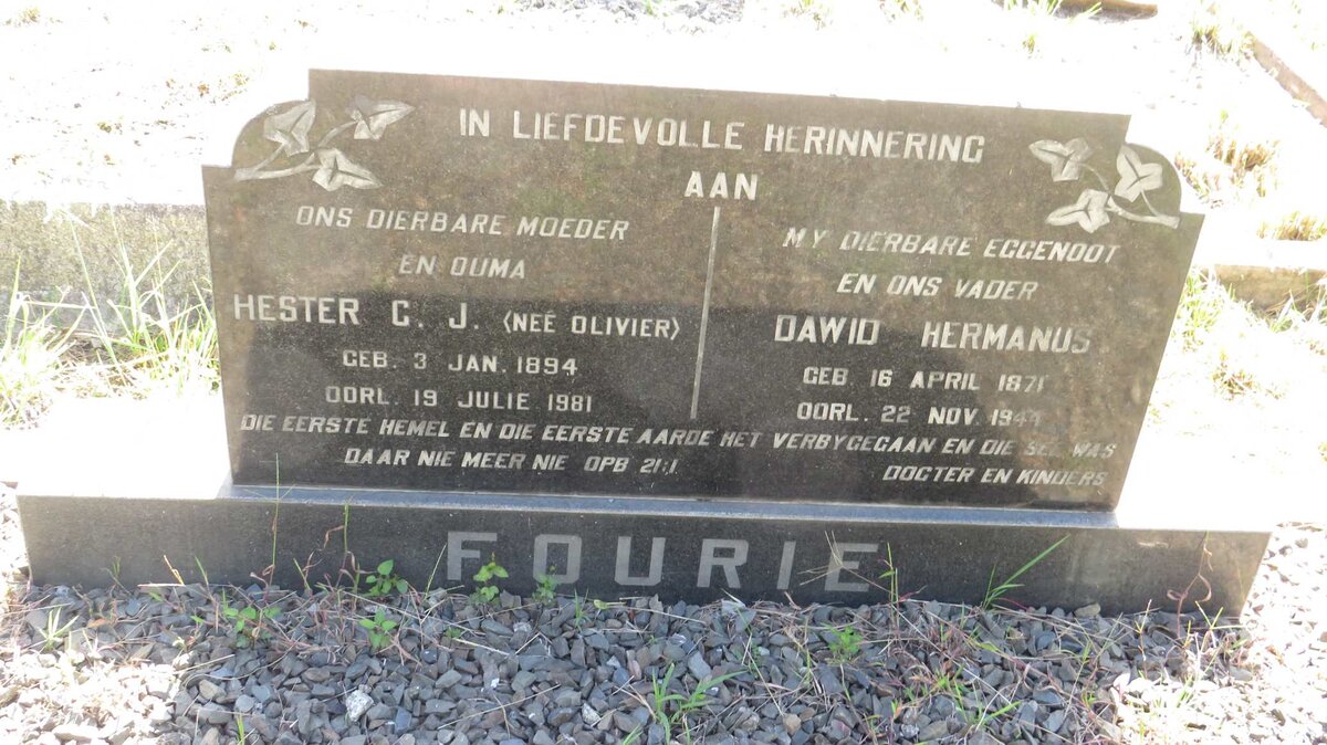 FOURIE Dawid Hermanus 1871-1944 &amp; Hester C.J. OLIVIER 1894-1981