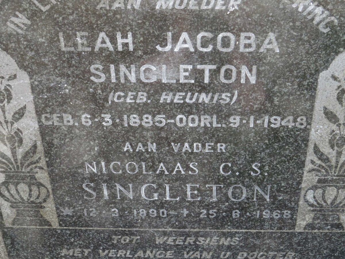 SINGLETON Nicolaas C.S. 1890-1968 &amp; Leah Jacoba HEUNIS 1885-1948