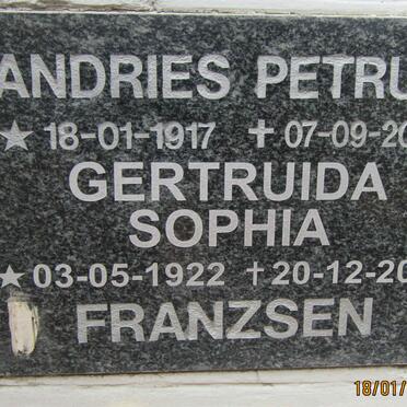 FRANZSEN Andries Petrus 1917-2005 &amp; Gertruida Sophia 1922-2007