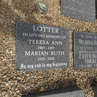 LOTTER Teresa Ann 1967-1987 :: LOTTER Marian Ruth 1935-2020 :: RIEGELS Mildred 1908-1995 :: HOCKLEY Eileen 1913-2002 