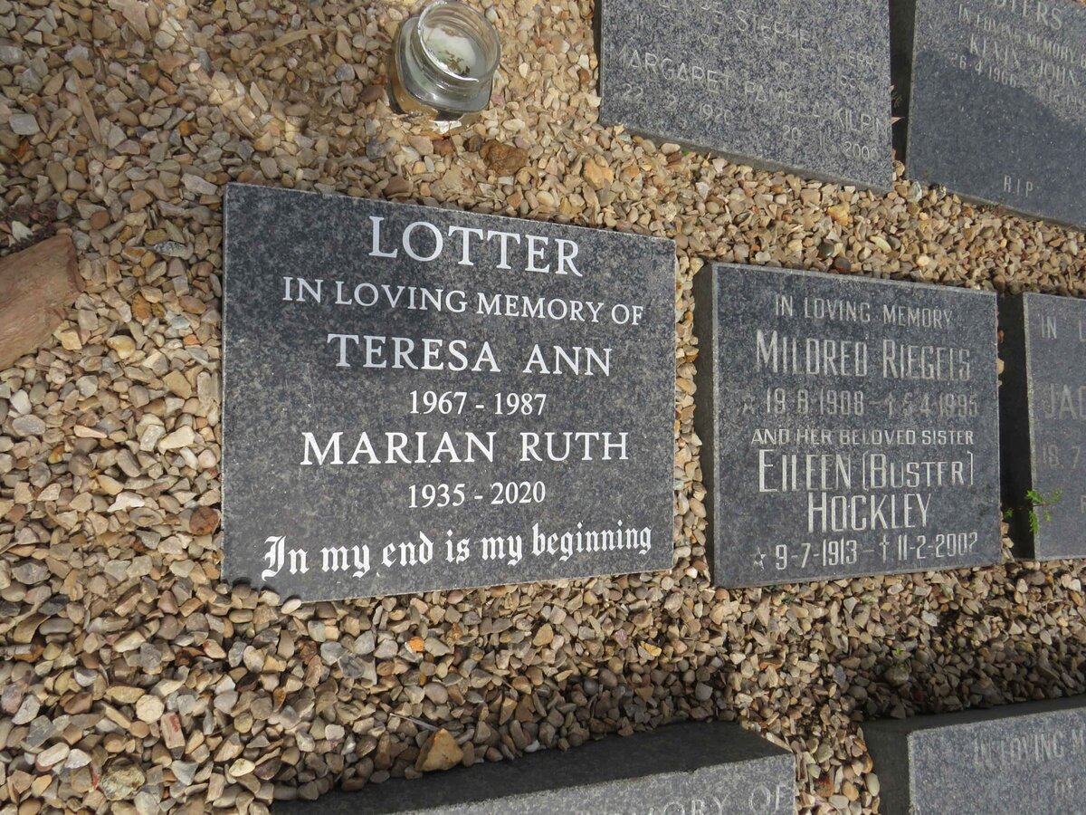 LOTTER Teresa Ann 1967-1987 :: LOTTER Marian Ruth 1935-2020 :: RIEGELS Mildred 1908-1995 :: HOCKLEY Eileen 1913-2002 
