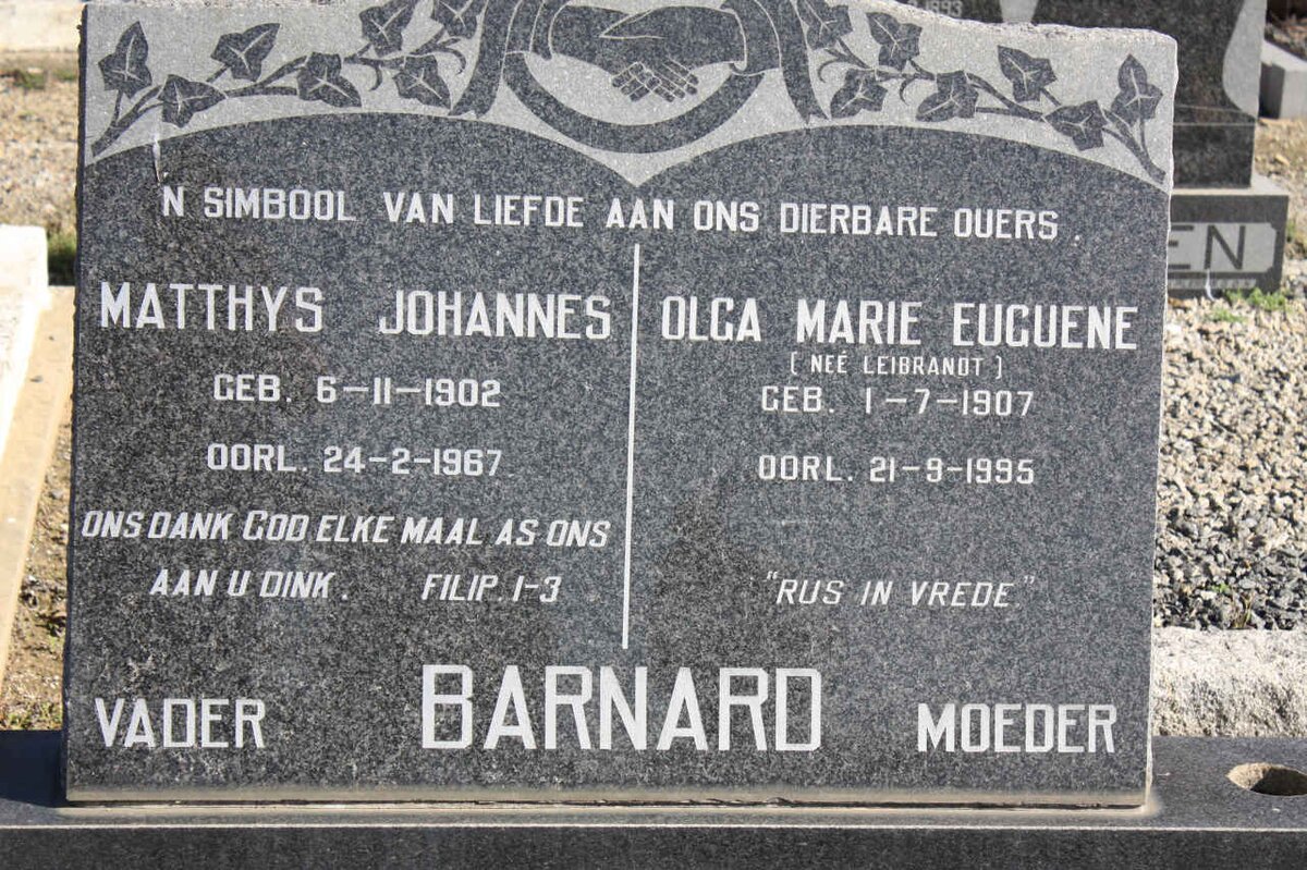 BARNARD Matthys Johannes 1902-1967 &amp; Olga Marie Euguene LIEBRANDT 1907-1995