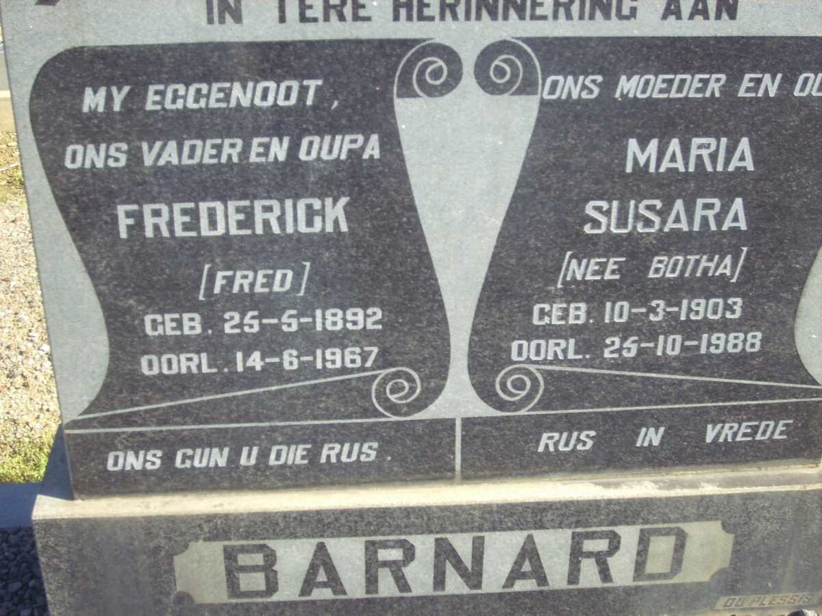 BARNARD Frederick 1892-1967 &amp; Maria Susara BOTHA 1903-1988