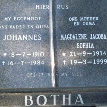 BOTHA Johannes 1910-1984 &amp; Magdalene Jacoba Sophia 1914-1999