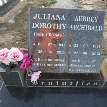 BRUINTJIES Aubrey Archibald 1941-2013 & Juliana Dorothy CRONJE 1941-2011