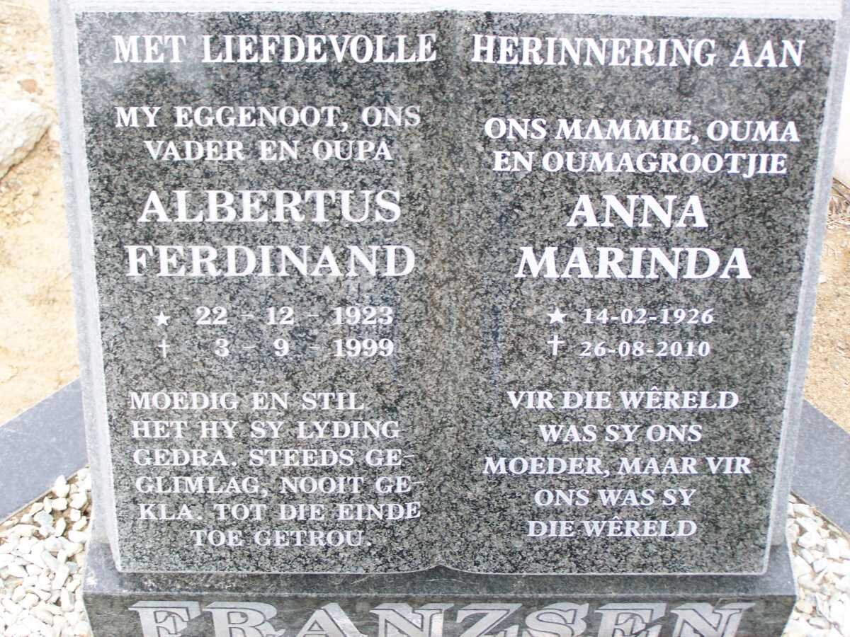 FRANZSEN Albertus Ferdinand 1923-1999 &amp; Anna Marinda 1926-2010