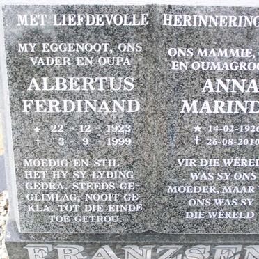 FRANZSEN Albertus Ferdinand 1923-1999 &amp; Anna Marinda 1926-2010
