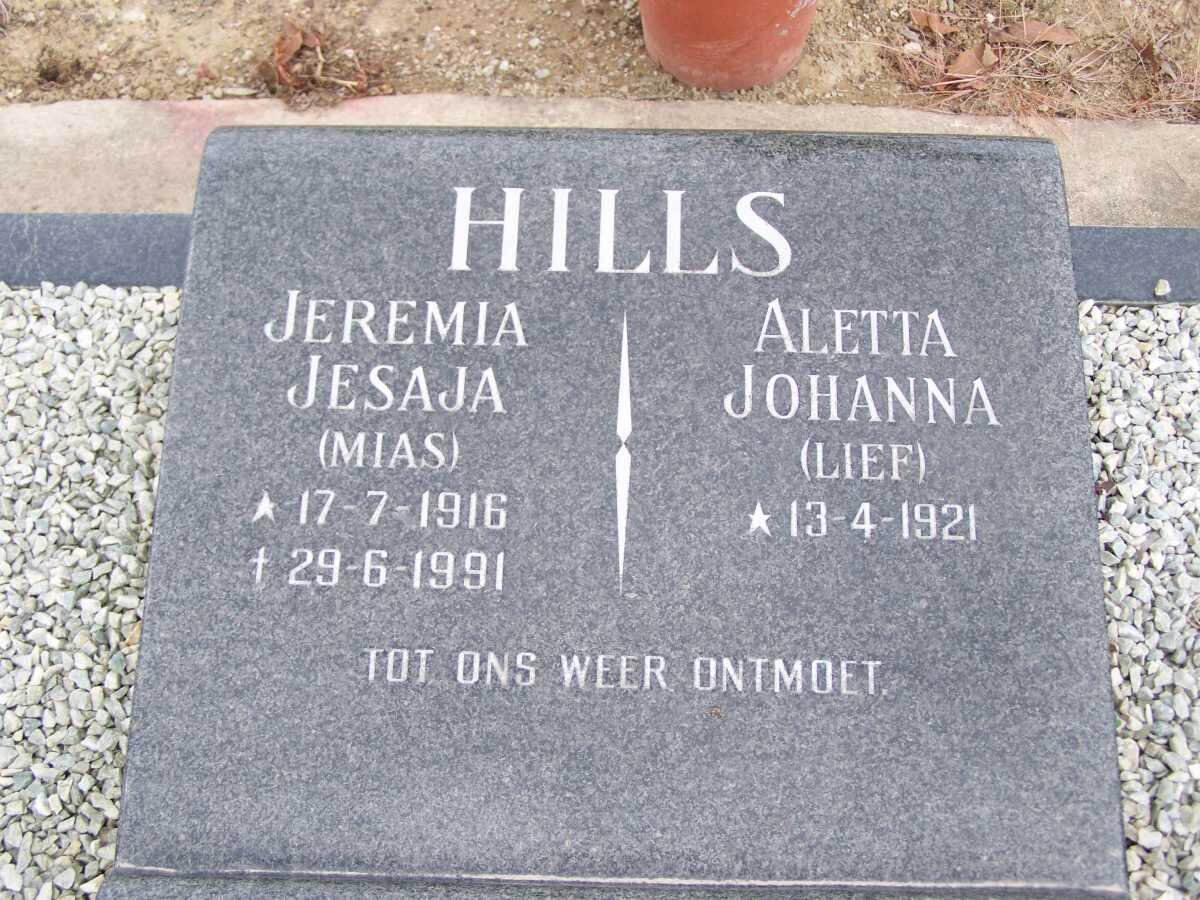 HILLS Jeremia Jesaja 1916-1991 &amp; Aletta Johanna 1921-