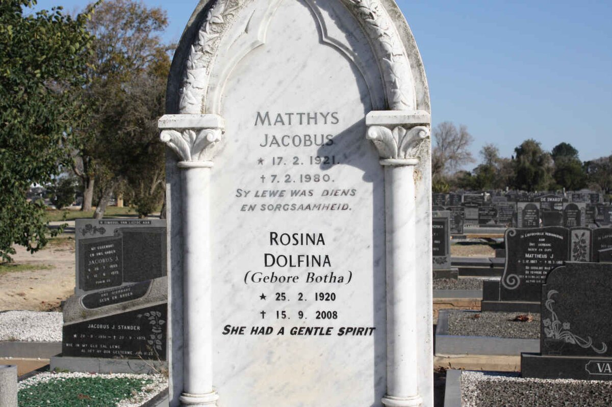 HAUPTFLEISCH Matthys Jacobus 1921-1980 &amp; Rosina Dolfina BOTHA 1920-2008