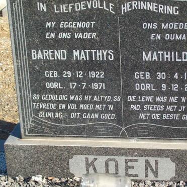 KOEN Barend Matthys 1922-1971 &amp; Mathilda 1932-2007