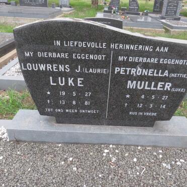 LUKE Louwrens J. 1927-1981 &amp; Petronella MULLER 1927-2014