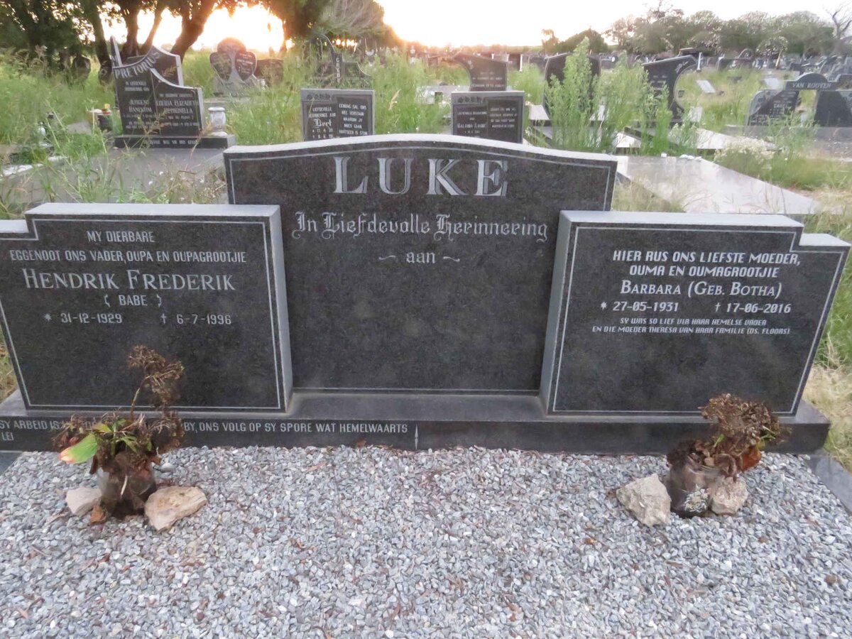 LUKE Hendrik Frederik 1929-1996 &amp; Barbara BOTHA 1931-2016
