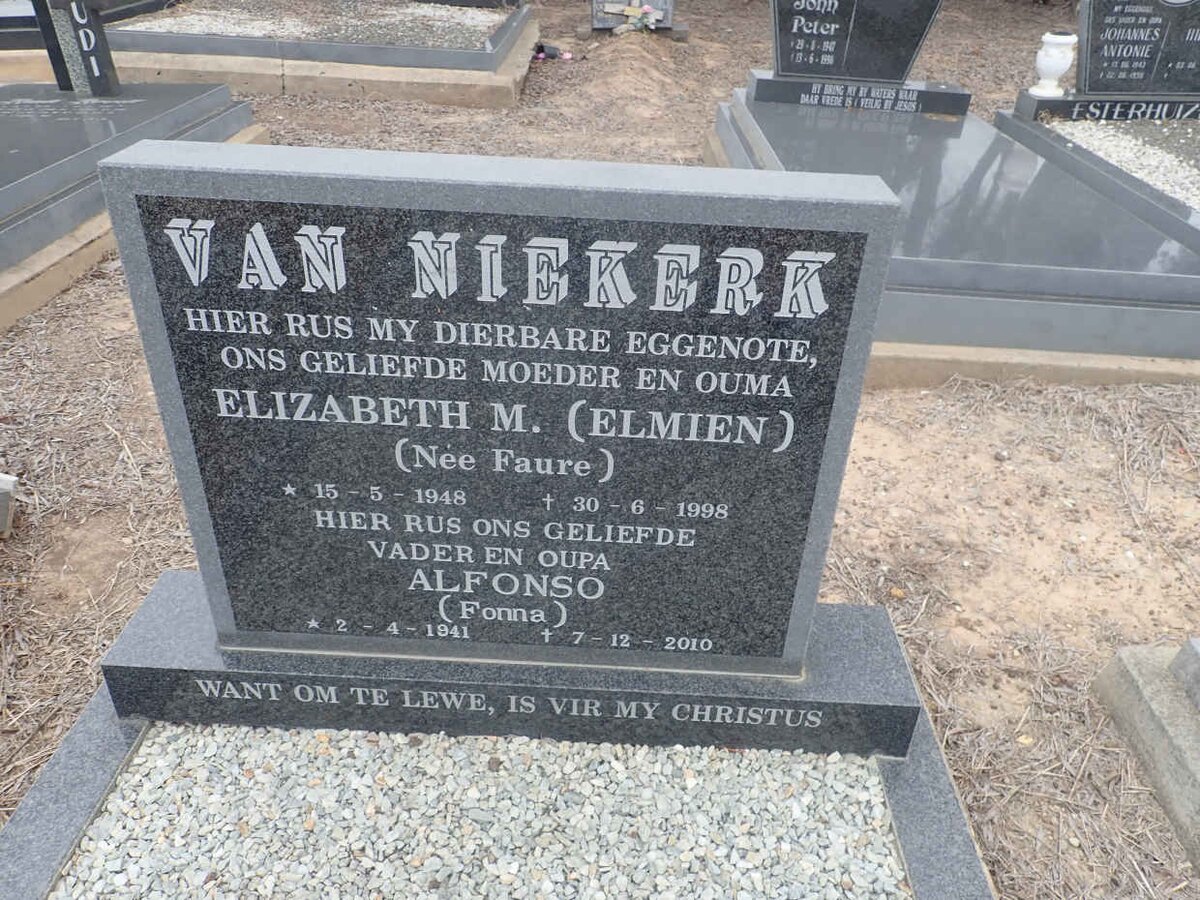 NIEKERK Alfonso, van 1941-2010 & Elizabeth M. FAURE 1948-1998