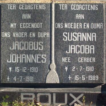 ROUX Jacobus Johannes 1910-1981 &amp; Susanna Jacoba GERBER 1910-1989