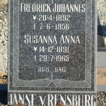 RENSBURG Frederick Johannes, Janse v. 1892-1956 &amp; Susanna Anna 1891-1965
