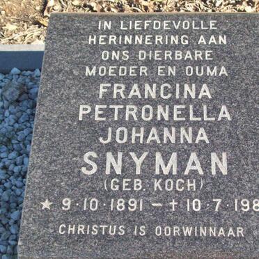 SNYMAN Francina Petronella Johanna nee KOCH 1891-1981