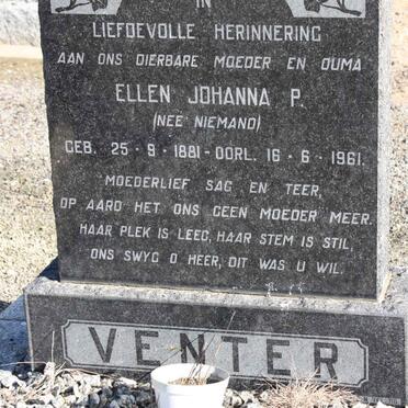VENTER Ellen Johanna P. nee NIEMAND 1881-1961