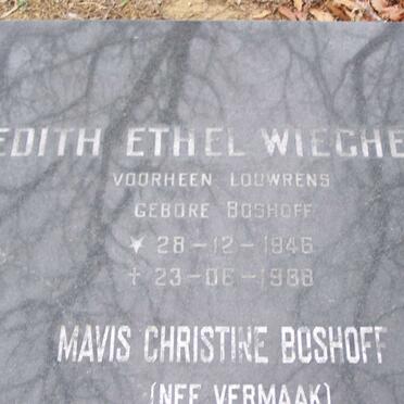 WIEGHERS Edith Ethel previously LOUWRENS nee BOSHOFF 1946-1988 :: BOSHOFF Mavis Christine nee VERMAAK