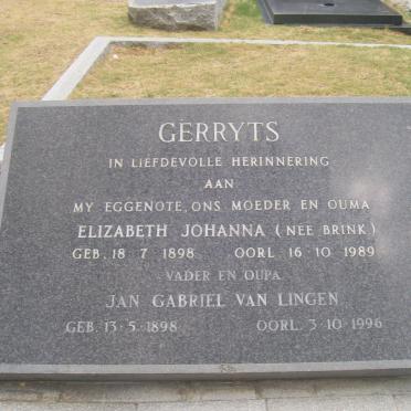 GERRYTS Jan Gabriel van Lingen 1898-1996 &amp; Elizabeth Johanna nee BRINK 1898-1989