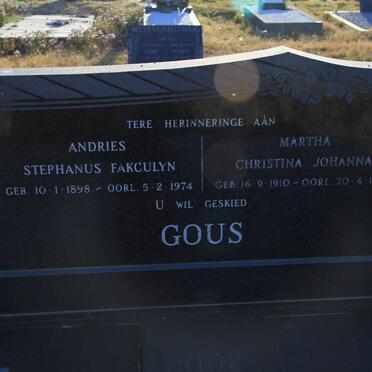 GOUS Andries Stephanus Fakculyn 1898-1974 &amp; Martha Christina Johanna 1910-1993