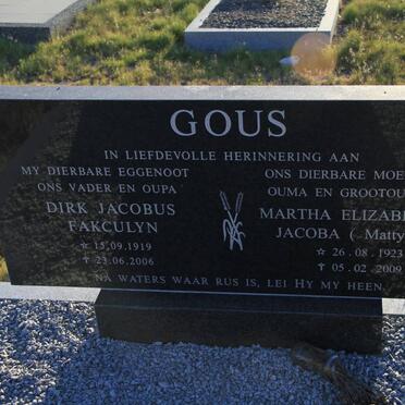 GOUS Dirk Jacobus Falculyn 1919-2006 &amp; Martha Elizabeth Jacoba 1923-2009