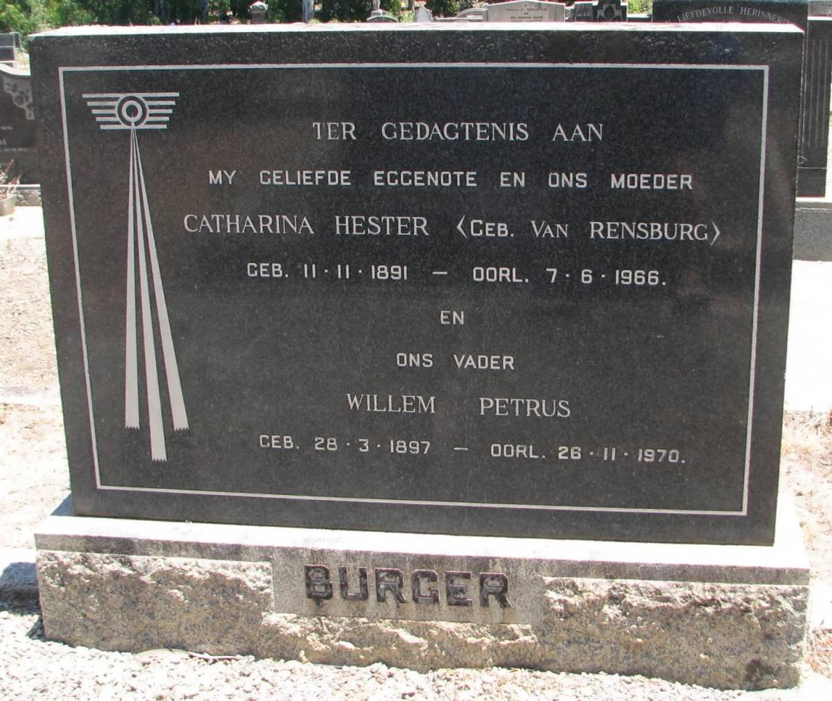 BURGER Willem Petrus 1897-1970 &amp; Catharina Hester VAN RENSBURG 1891-1966