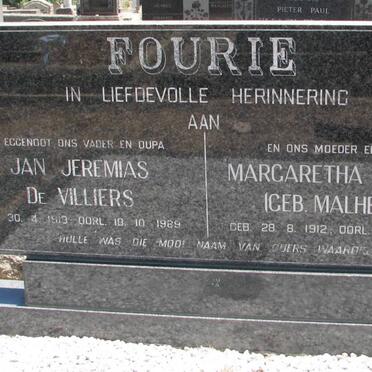 FOURIE Jan Jeremias De Villiers 1913-1989 &amp; Margaretha Jacoba MALHERBE 1912-2002