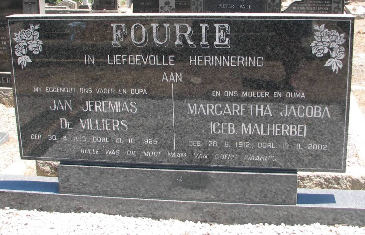 FOURIE Jan Jeremias De Villiers 1913-1989 &amp; Margaretha Jacoba MALHERBE 1912-2002