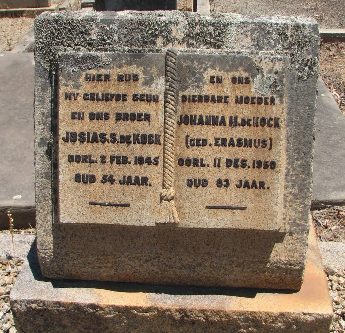 KOCK Johanna M., de nee ERASMUS -1950 :: DE KOCK Josias -1945