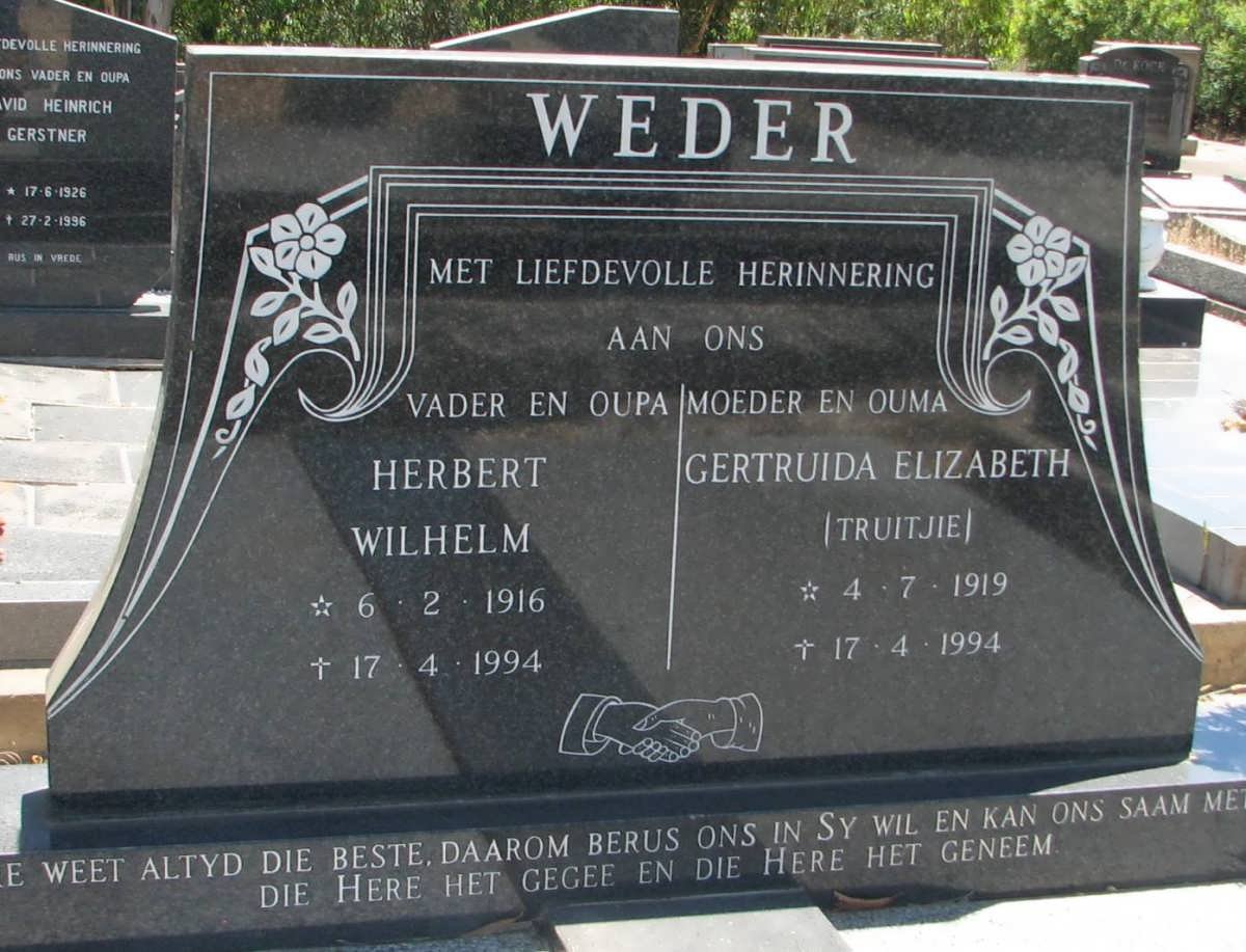 WEDER Herbert Wilhelm 1916-1994 &amp; Gertruida Elizabeth 1919-1994