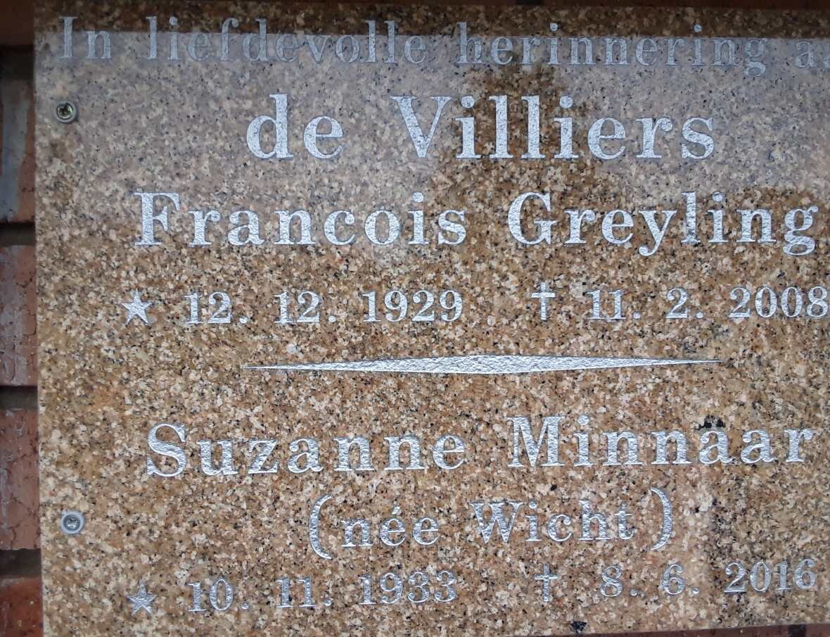 VILLIERS Francois Greyling, de 1929-2008 MINNAAR Suzanne nee WICHT 1933-2016
