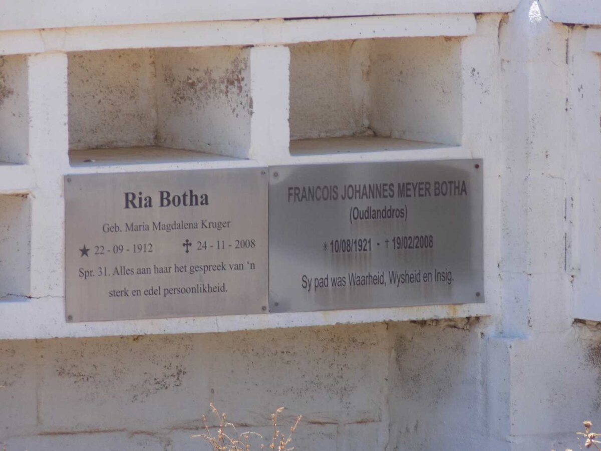 BOTHA Francois Johannes Meyer 1921-2008 :: BOTHA Maria Magdalena nee KRUGER 1912-2008