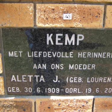 KEMP Aletta J. nee LOURENS 1909-2001