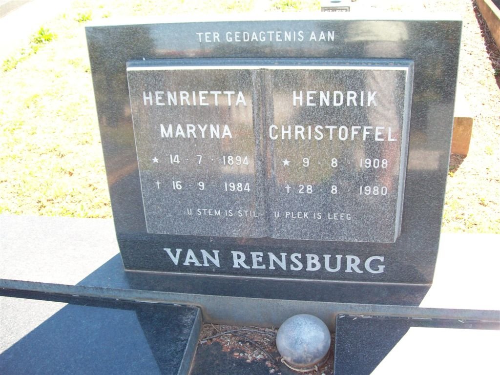 RENSBURG Hendrik Christoffel, van 1908-1980 &amp; Henrietta Maryna 1894-1984