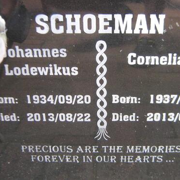 SCHOEMAN Johannes Lodewikus 1934-2013 &amp; Cornelia 1937-2013