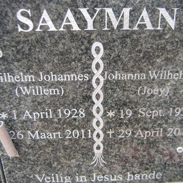 SAAYMAN Wilhelm Johannes 1928-2011 &amp; Johanna Wilhelmina 1932-2017
