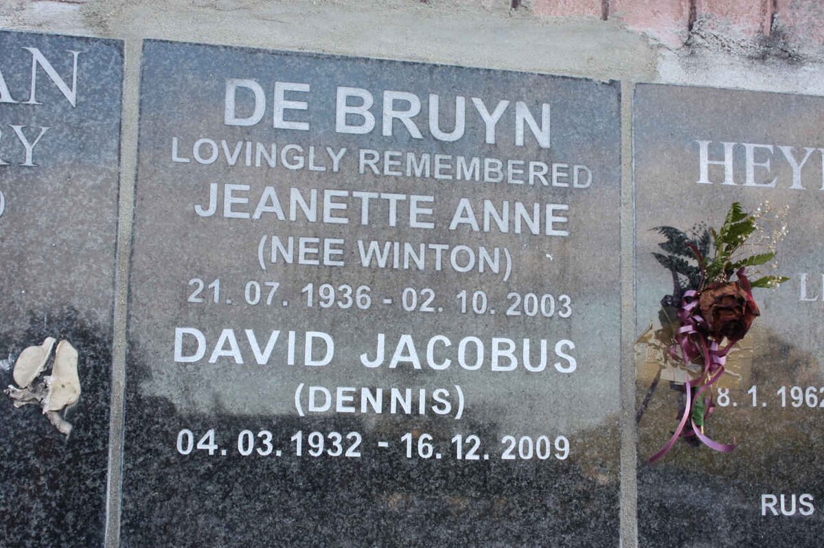 BRUYN David Jacobus, de 1932-2009 &amp; Jeanette Anne WINTON 1936-2003