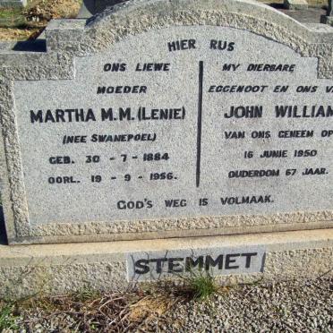 STEMMET John William -1950 &amp; Martha M.M. SWANEPOEL 1884-1956