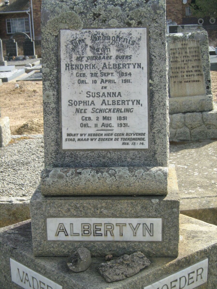 ALBERTYN Hendrik 1854-1911 &amp; Susanna Sophia SCHICKERLING 1851-1931