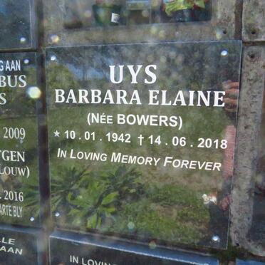 UYS Barbara Elaine nee BOWERS 1942-2018