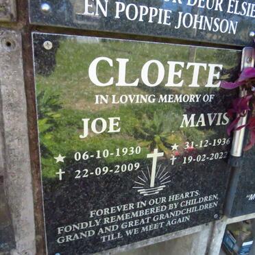 CLOETE Joe 1930-2009 &amp; Mavis 1936-2022