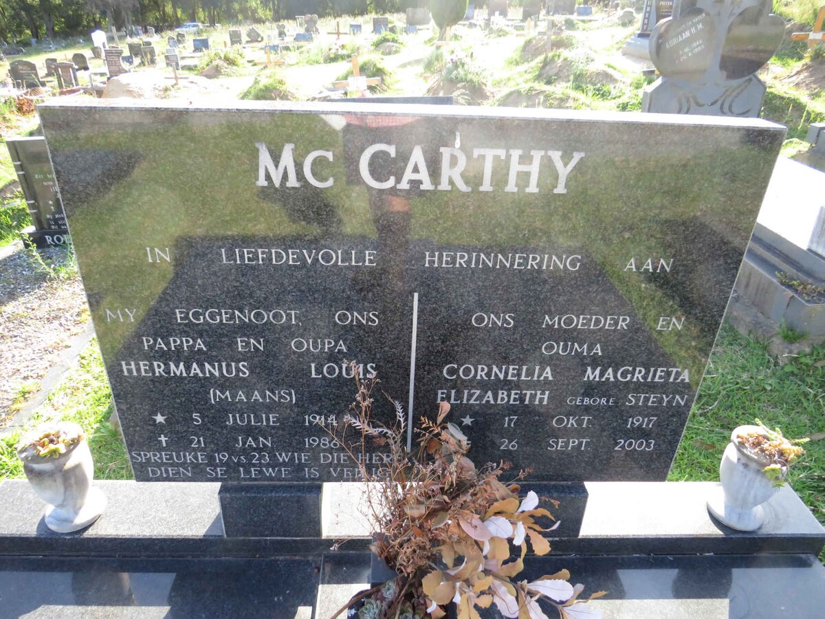 MCCARTHY Hermanus Louis 1914-1986 &amp; Cornelia Magrieta Elizabeth STEYN 1917-2003