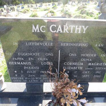 MCCARTHY Hermanus Louis 1914-1986 &amp; Cornelia Magrieta Elizabeth STEYN 1917-2003