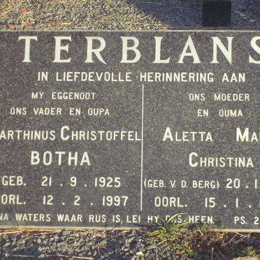 TERBLANS Marthinus Christoffel Botha 1925-1997 &amp; Aletta Maria Christina V.D. BERG 1931-1998