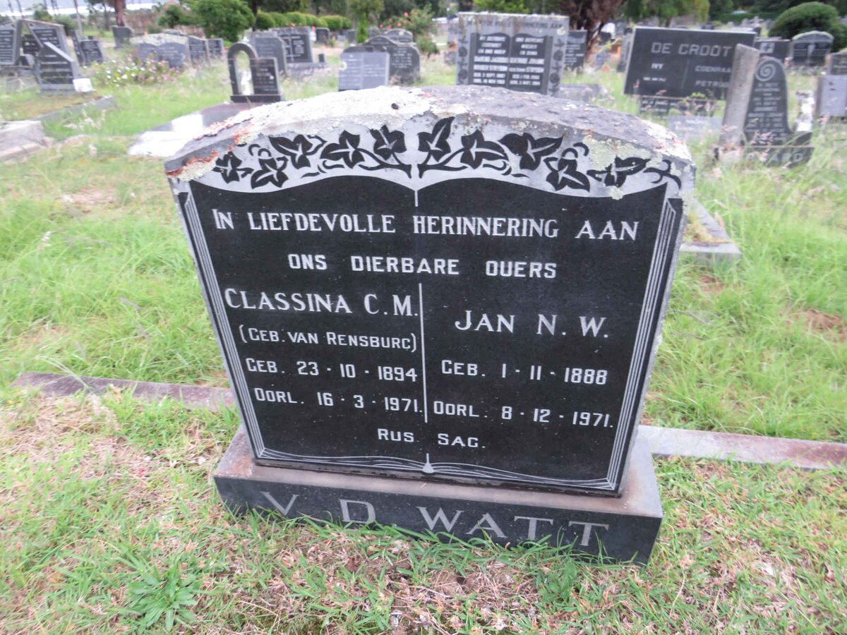 WATT Jan N.W., v.d. 1888-1971 & Classina C.M. VAN RENSBURG 1894-1971