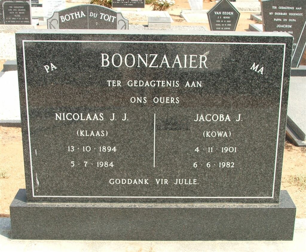 BOONZAAIER Nicolaas J.J. 1894-1984 &amp; Jacoba J. 1901-1982